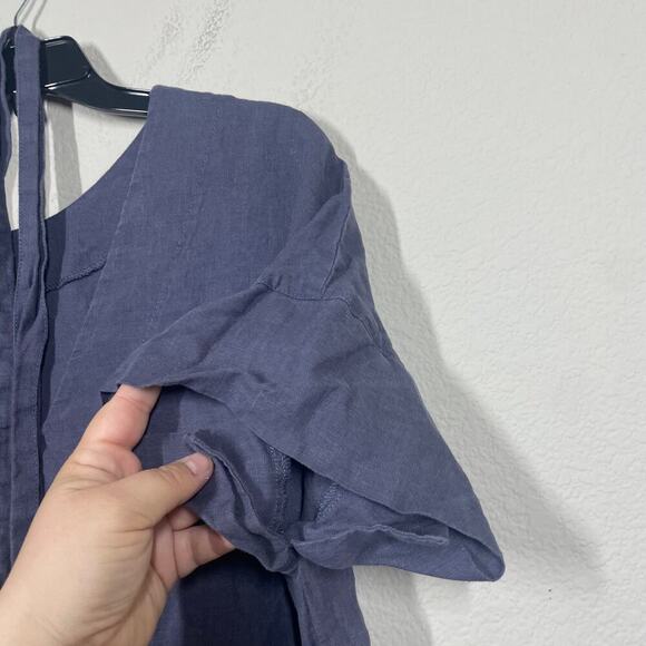 Len. Ok Size Medium Linen Mini Shift Dress Steel Blue V Neck Belted Short Sleeve - Picture 7 of 7